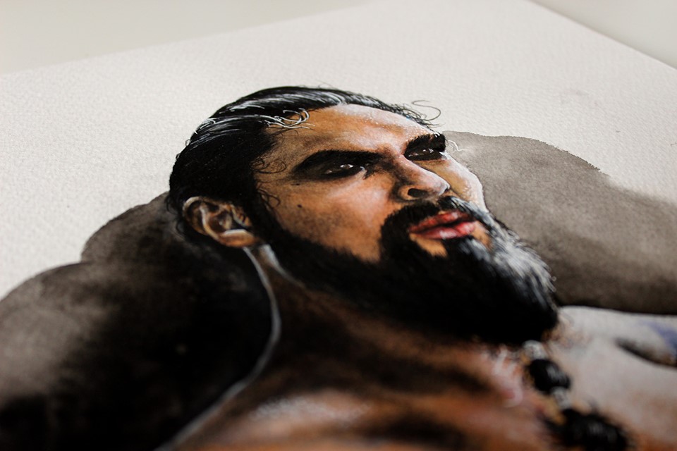 Mixed media portrait of Khal Drogo by Holly Khraibani