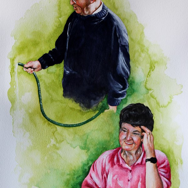A mixed media portrait of a grandmother and grandfather by Holly Khraibani