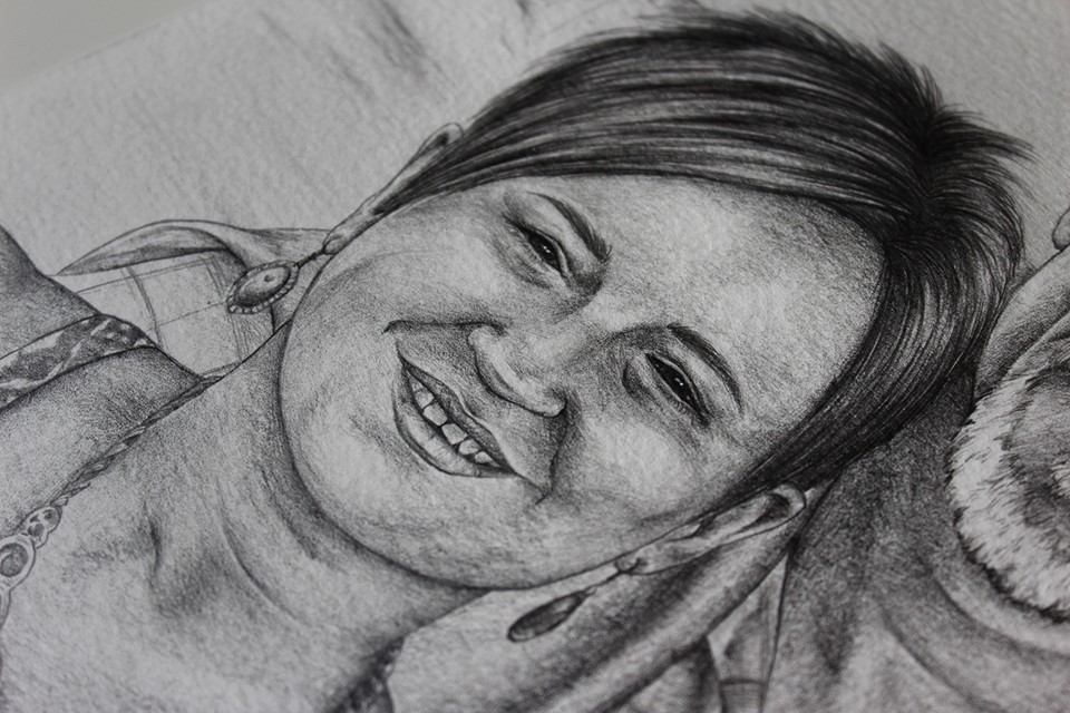 a black and white pencil sketch portrait by artist Holly Khraibani
