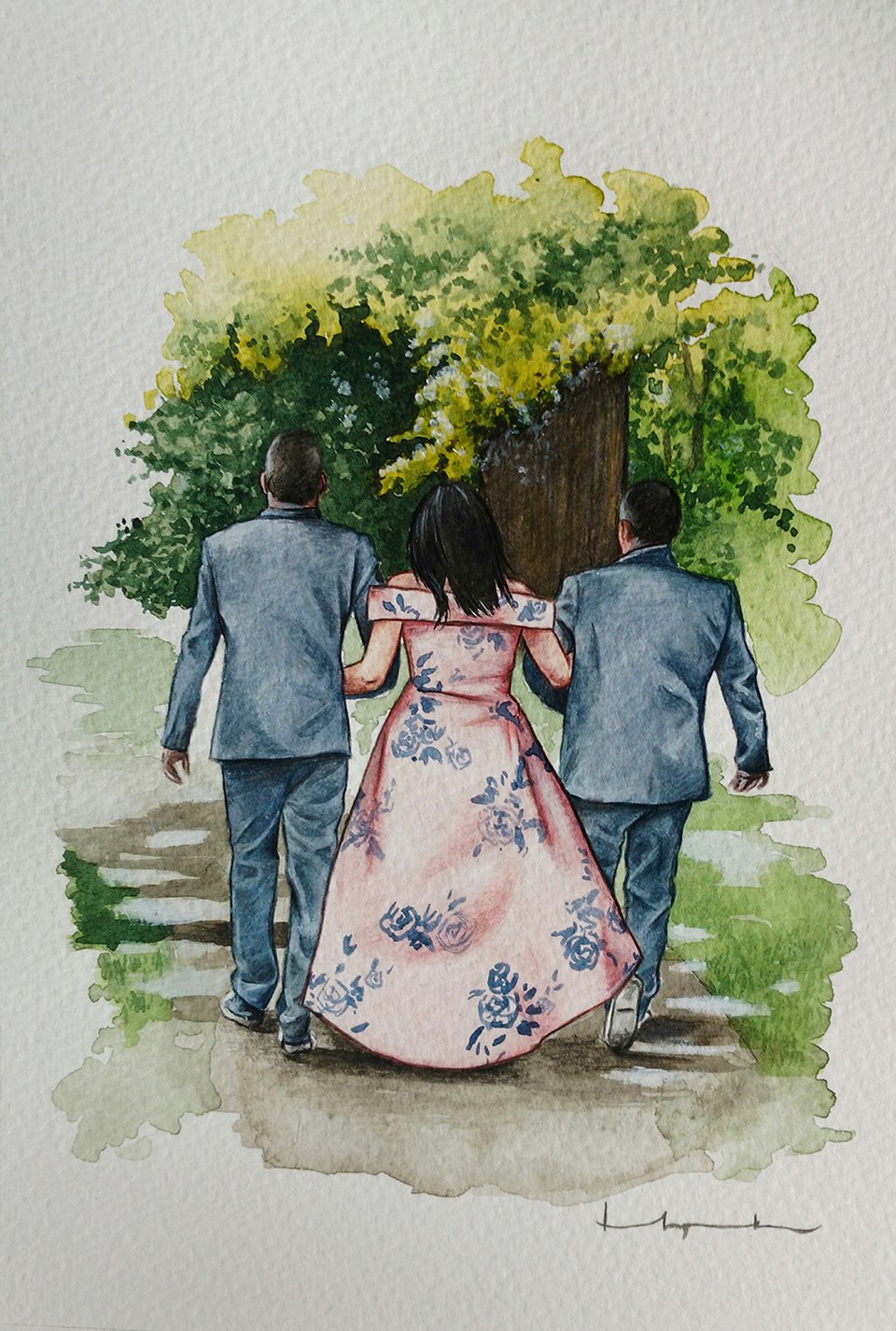 A family wedding portrait illustration by artist Holly Khraibani