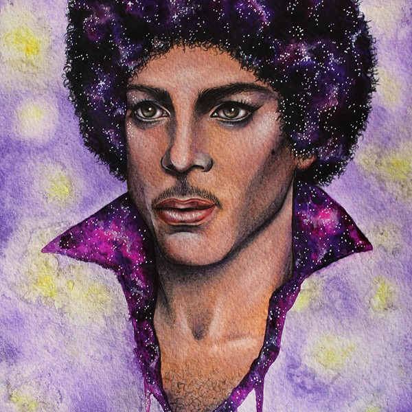 Mixed media illustration of Prince by Holly Khraibani
