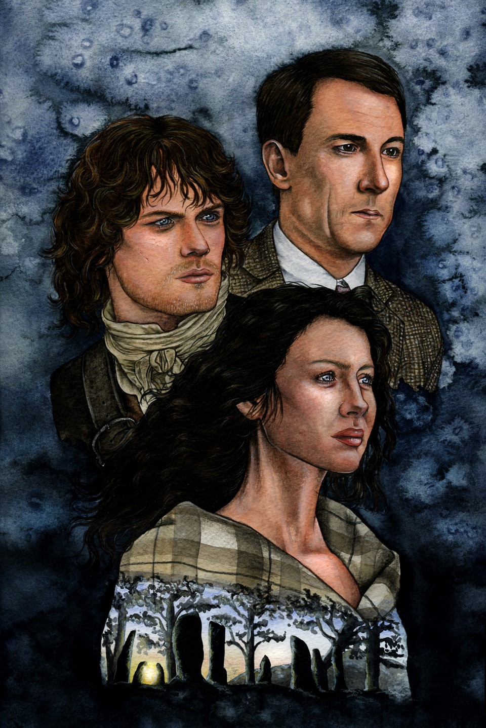 Https Wwwillustrationbyhollycouk Portfolio Fantasy And Famous Faces Mixed Media Watercolour Fan Art Painting Of Outlander Tv Series Characters